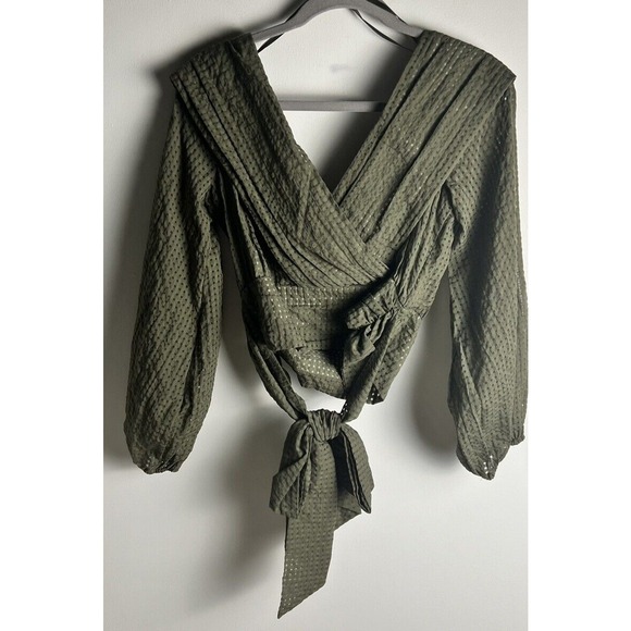 Anthropologie Maeve Womens Deep-V Cropped Olive Wrap Top Tie Blouse Sz 8 NEW - Picture 6 of 13
